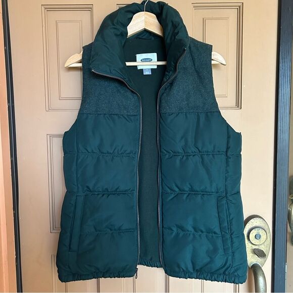 OLD NAVY Women Sz Medium Wool Blend Puffer Vest Green Quilted Zip Up Fleece - Picture 2 of 14